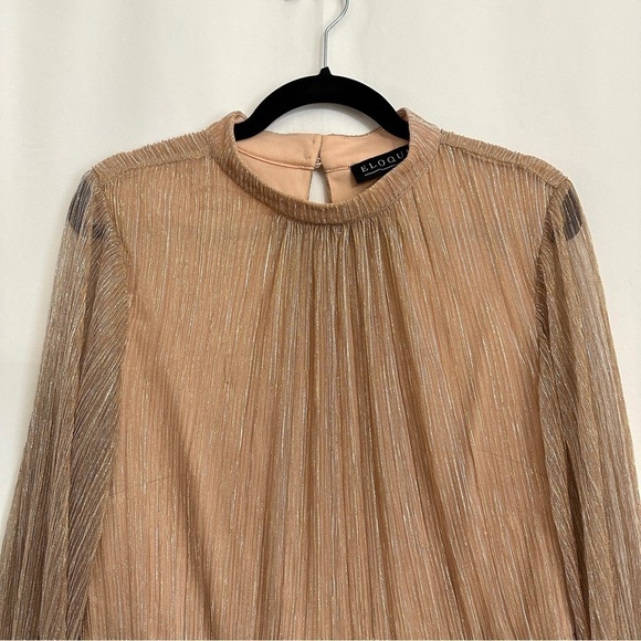 Eloquii Plus Size Shimmer Rose Gold Puff Sleeve Gathered Waist Dress sz 14 - Picture 7 of 16